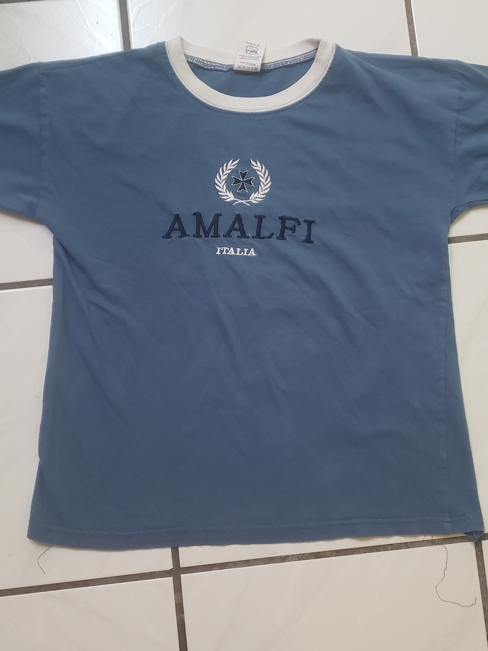 Like new "Amalfi" blue kids Tee with white contrast collar